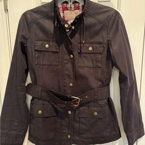 Banana Republic Waxed Cotton Full Zip Belted Plaid Lined Utility Jacket- Navy